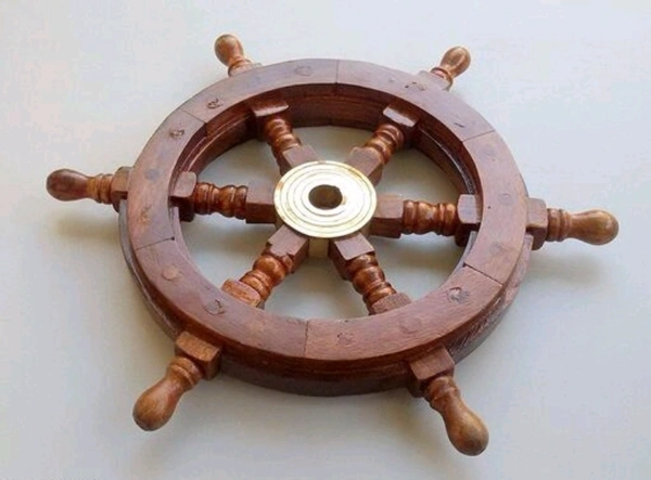 Wooden Wall Decore  Hanging   Its center is fitted with a golden brass hub - 12inch,   Wooden,  Ship Wheel,  Pack of 1